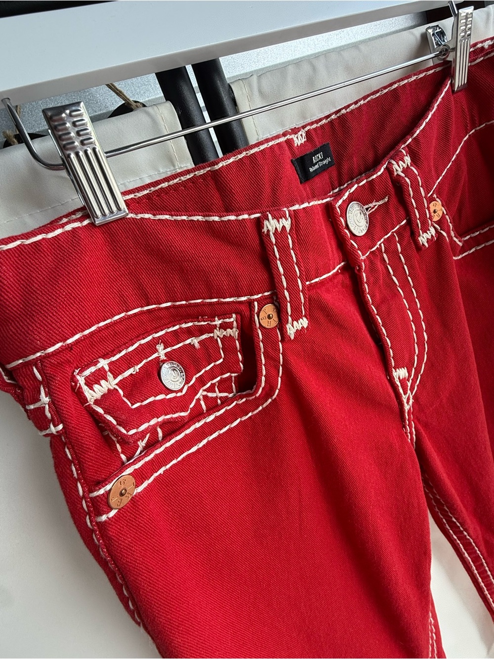 Women’s True Religion Jeans.  Red with White Contrast Stitching